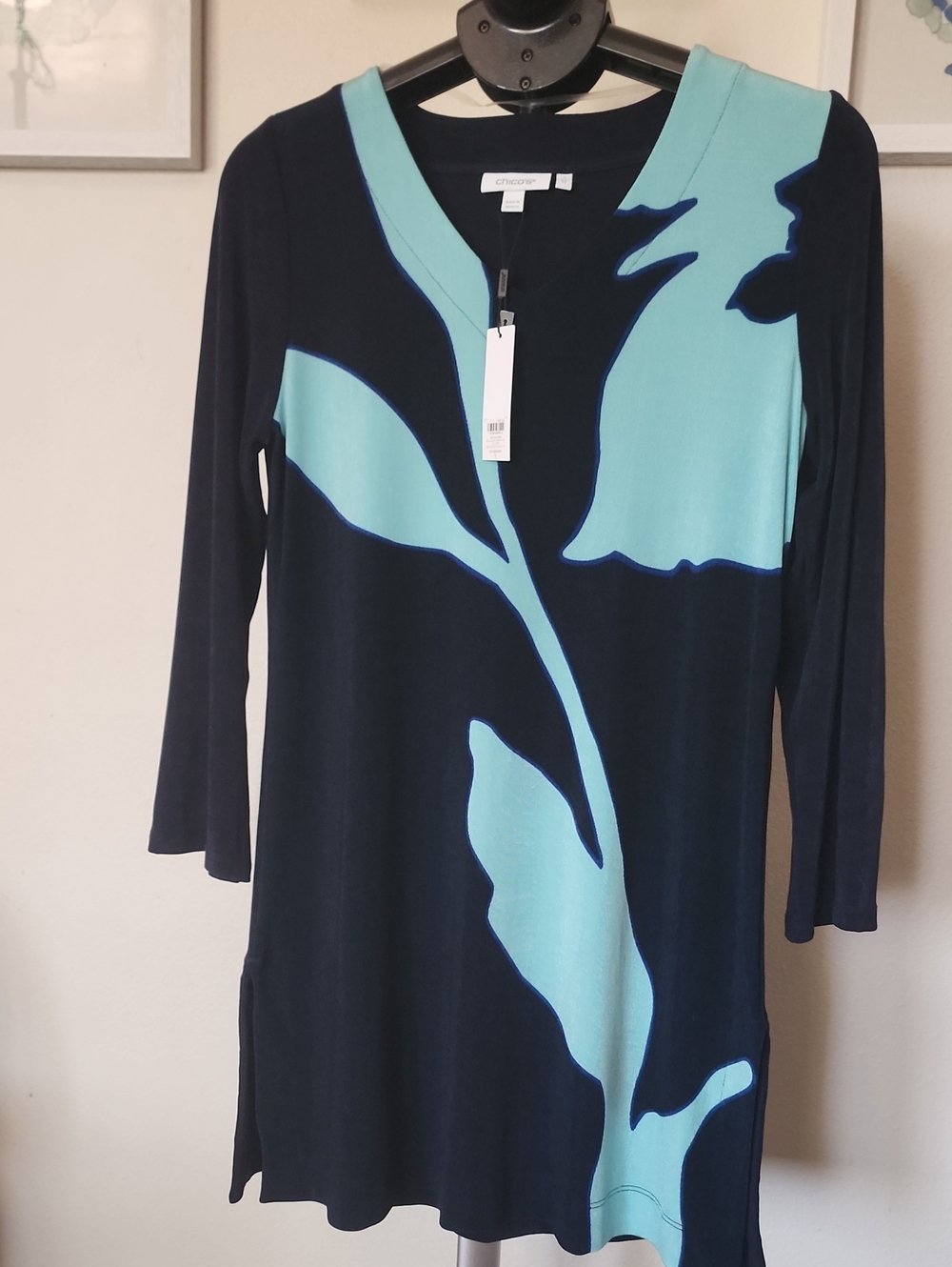 Chico's Navy Tunic Dress with Aqua Floral V-Neck Long Sleeves